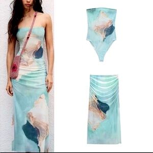 NWT ZARA Strapless Printed Tulle Bodysuit Sky Blue Size Small NEW
